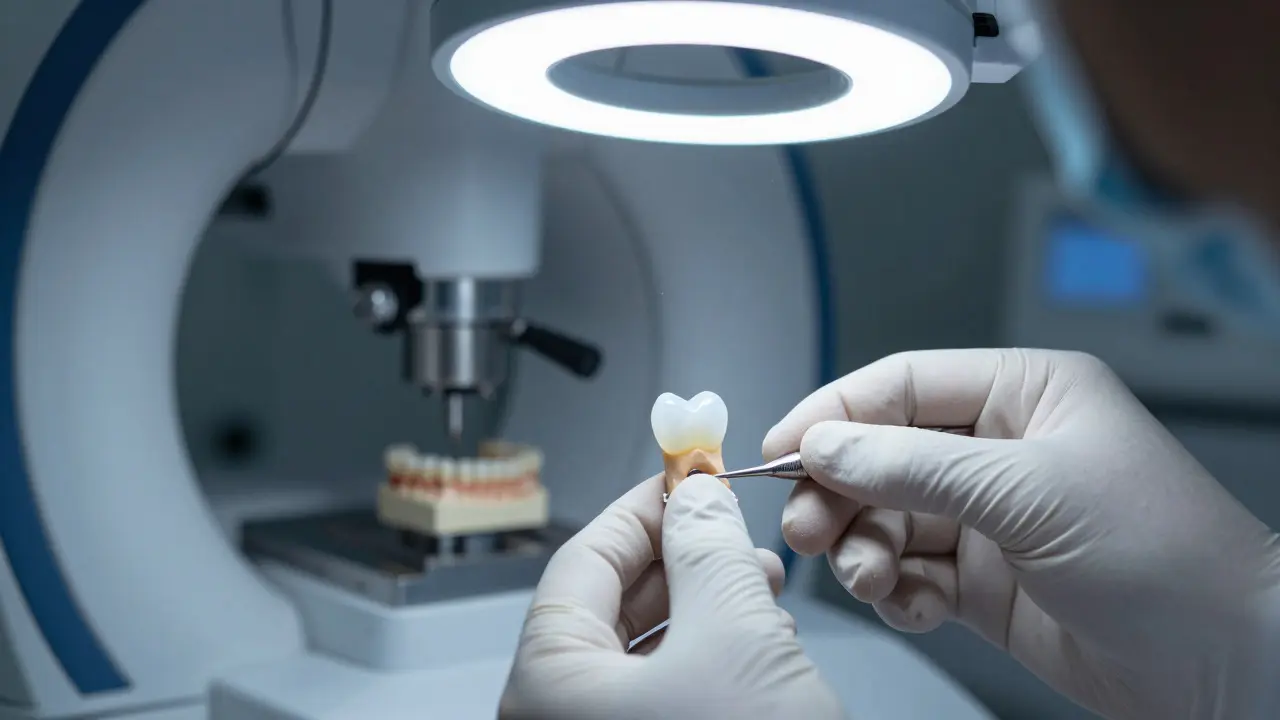 Zubní technik pracuje s keramickou korunou v laboratoři