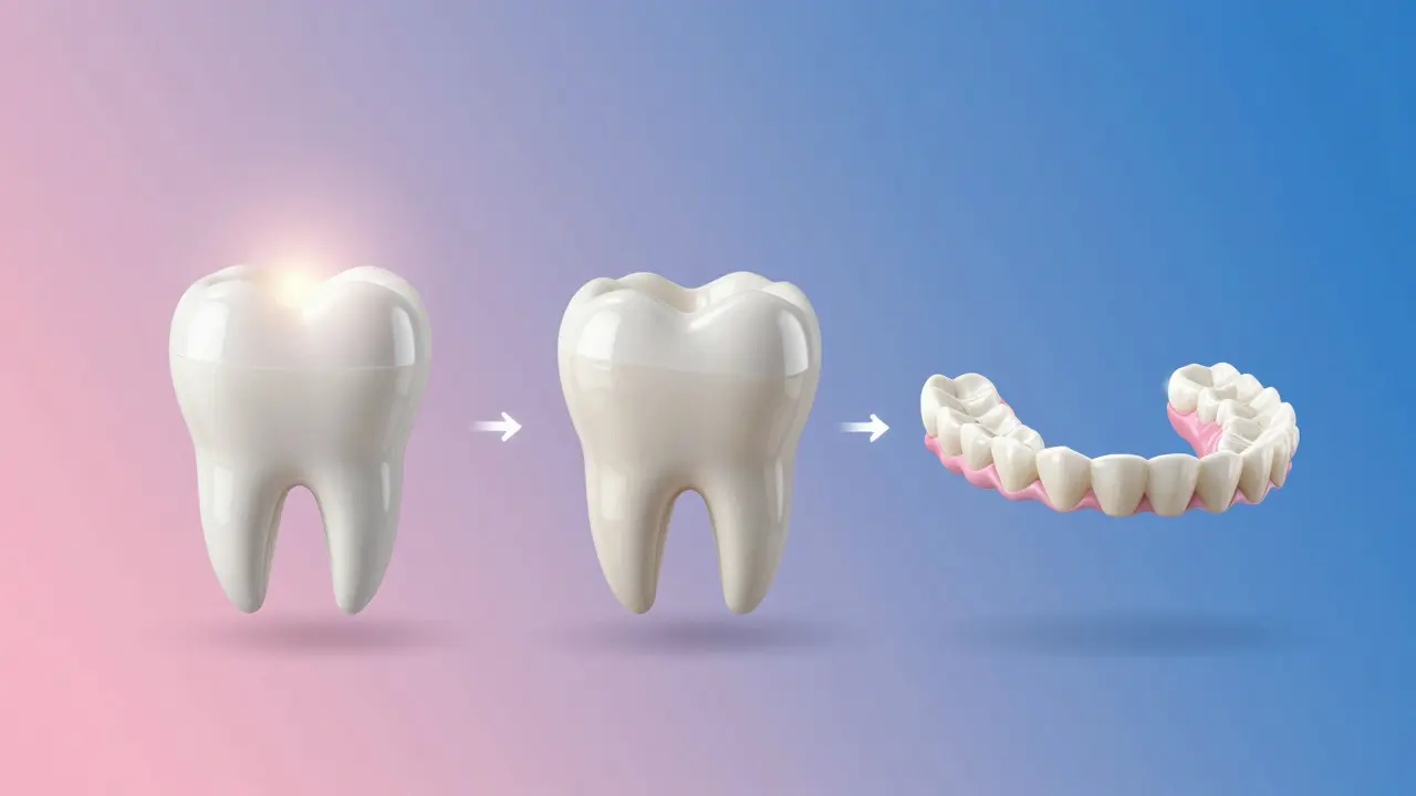 Abstraktní ilustrace různých úrovní dentálních korekcí