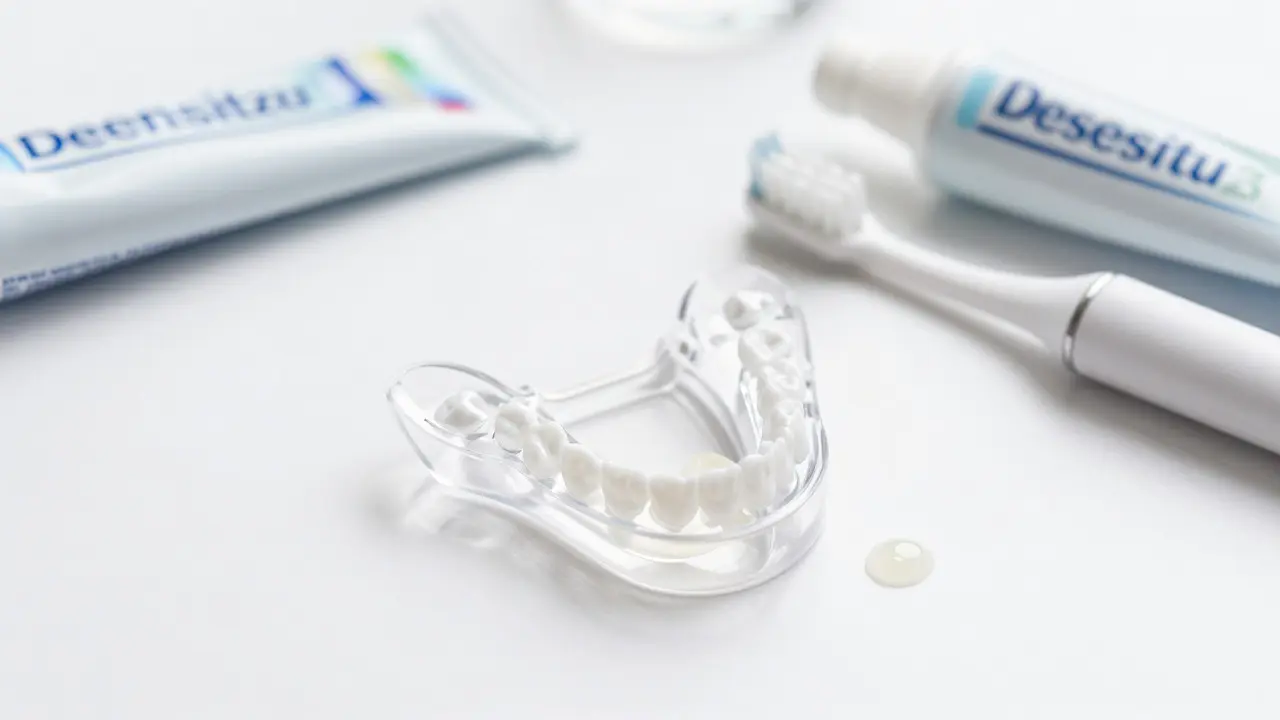 Dentální lišta s gelem pro bělení zubů na čistém povrchu