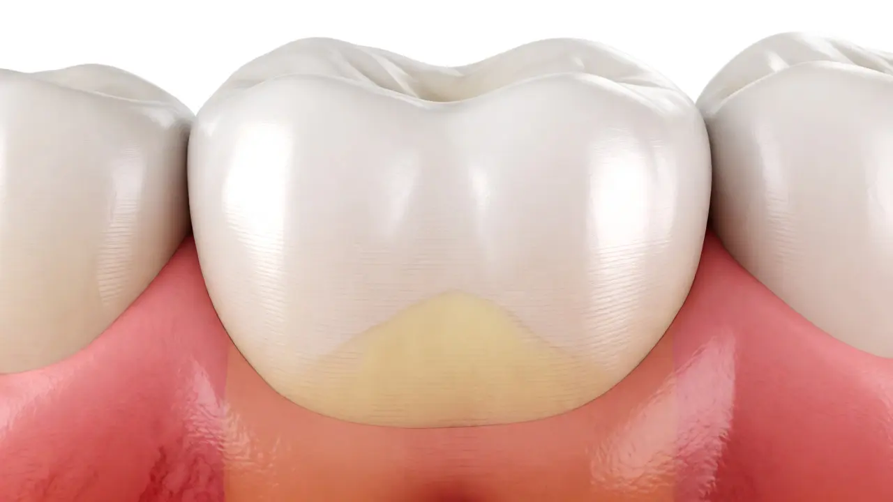 Detailní makro záběr obnaženého krčku zubu s odhaleným dentinem.