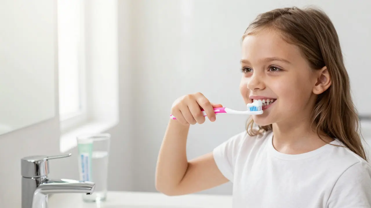 Dívka správnou technikou čistí zuby kartáčkem s fluoridovou pastou