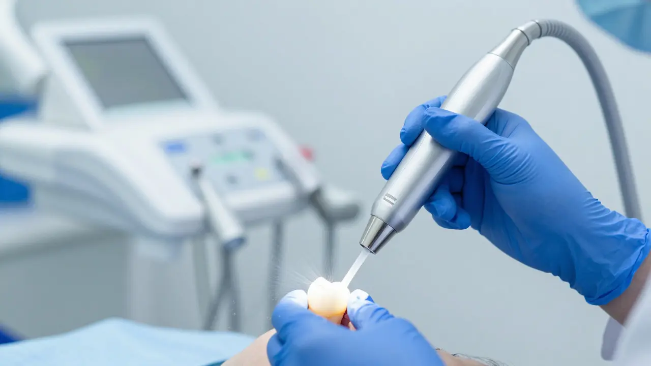 Hygienista čistí zuby ultrazvukovým škrabkem v ordinaci