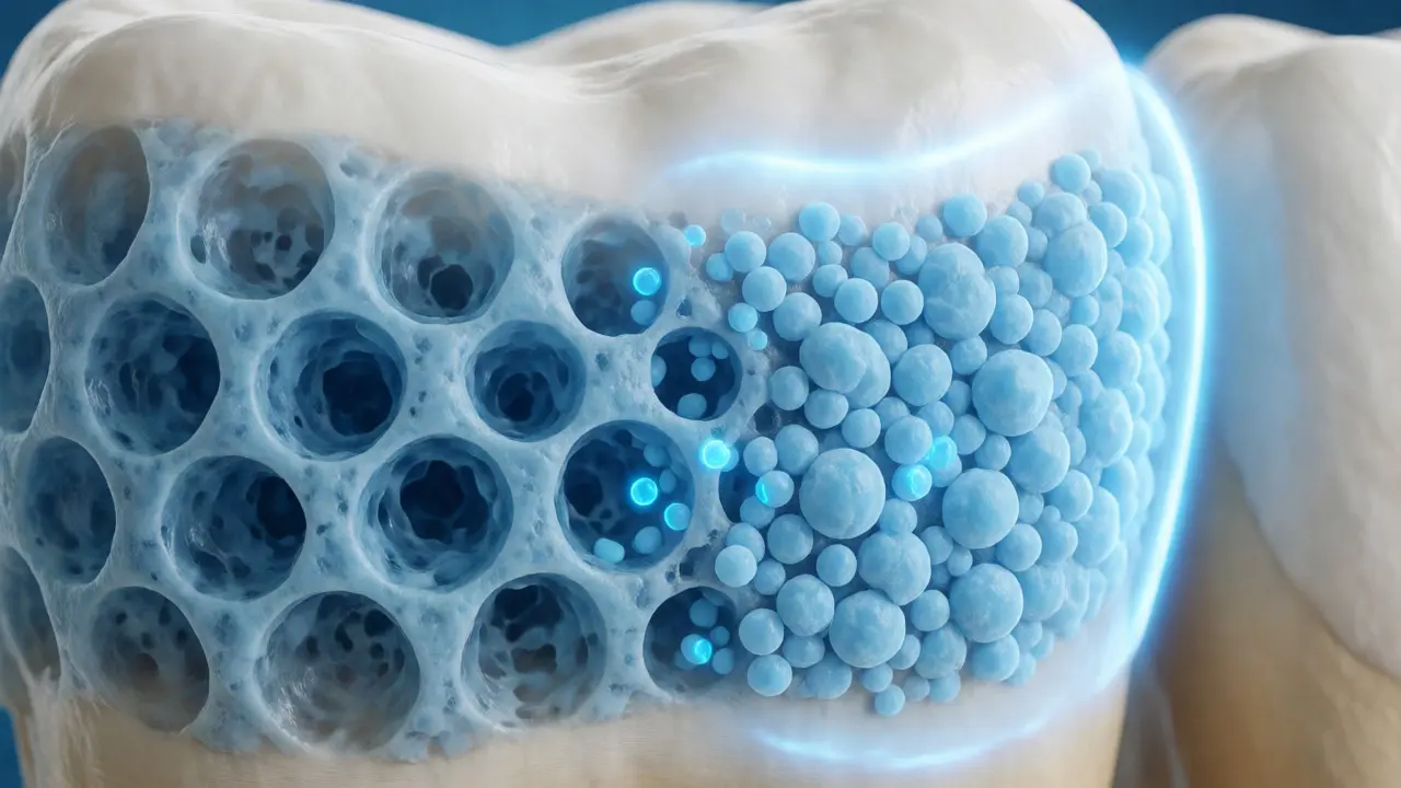 Ilustrace remineralizace skloviny pomocí fluoridu a hydroxyapatitu