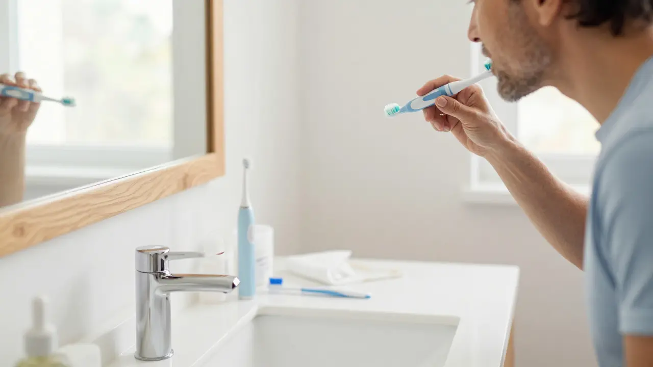 Osoba čistící si zuby v koupelně ráno s důrazem na domácí hygienu