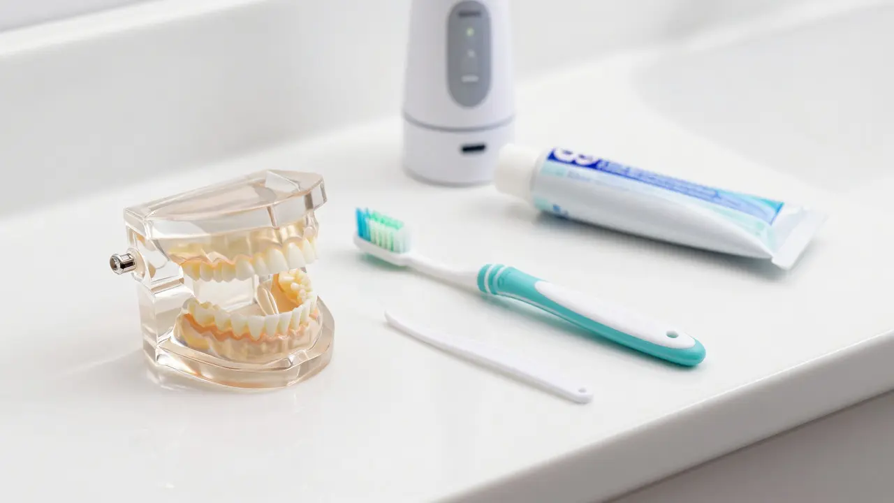 Sada hygienických pomůcek včetně mezizubního kartáčku a irrigátoru