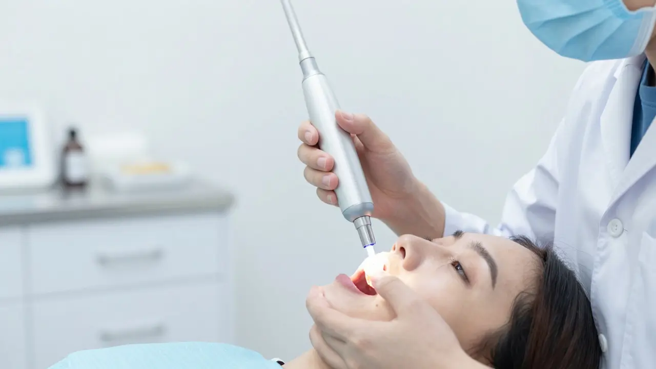 Stomatolog používající transiluminaci k diagnostice praskliny