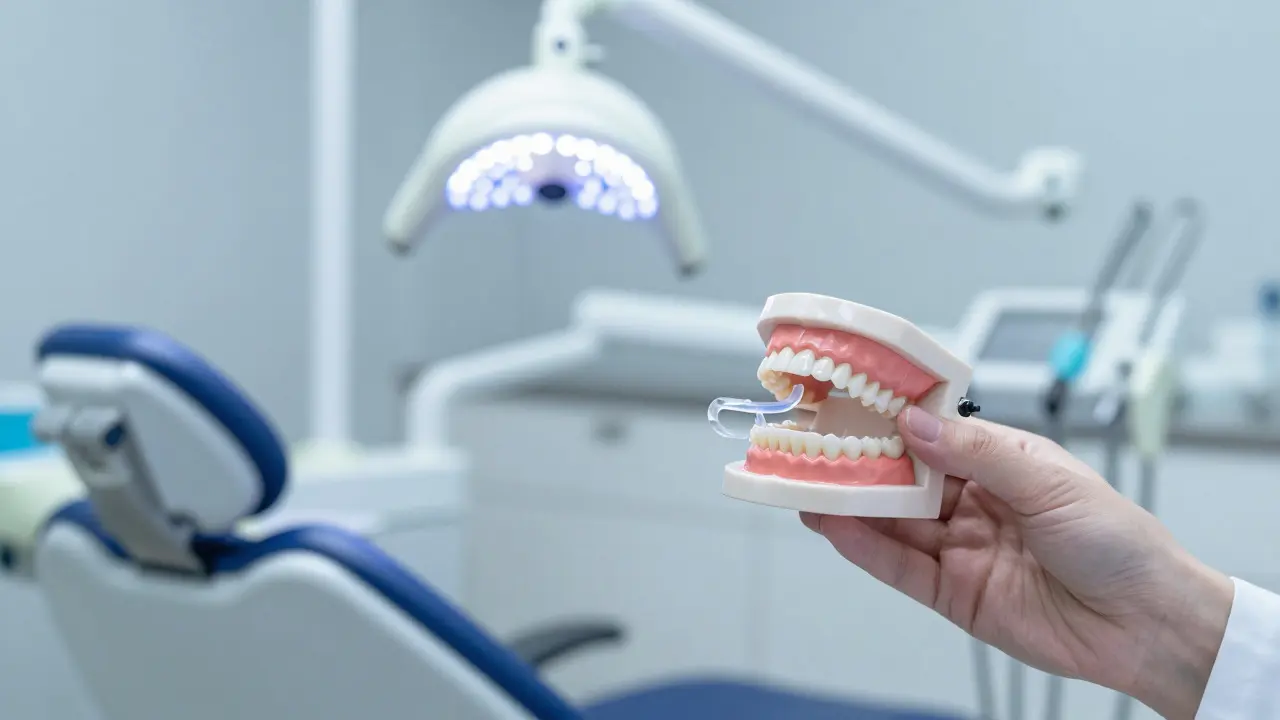 Stomatologická klinika: aplikace bělicího gélu do kazety na model zubů pro domácí bělení.