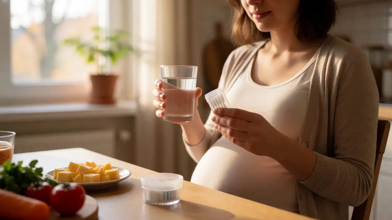 Těhotná žena s nástroji pro ústní hygienu a zdravými svačinami