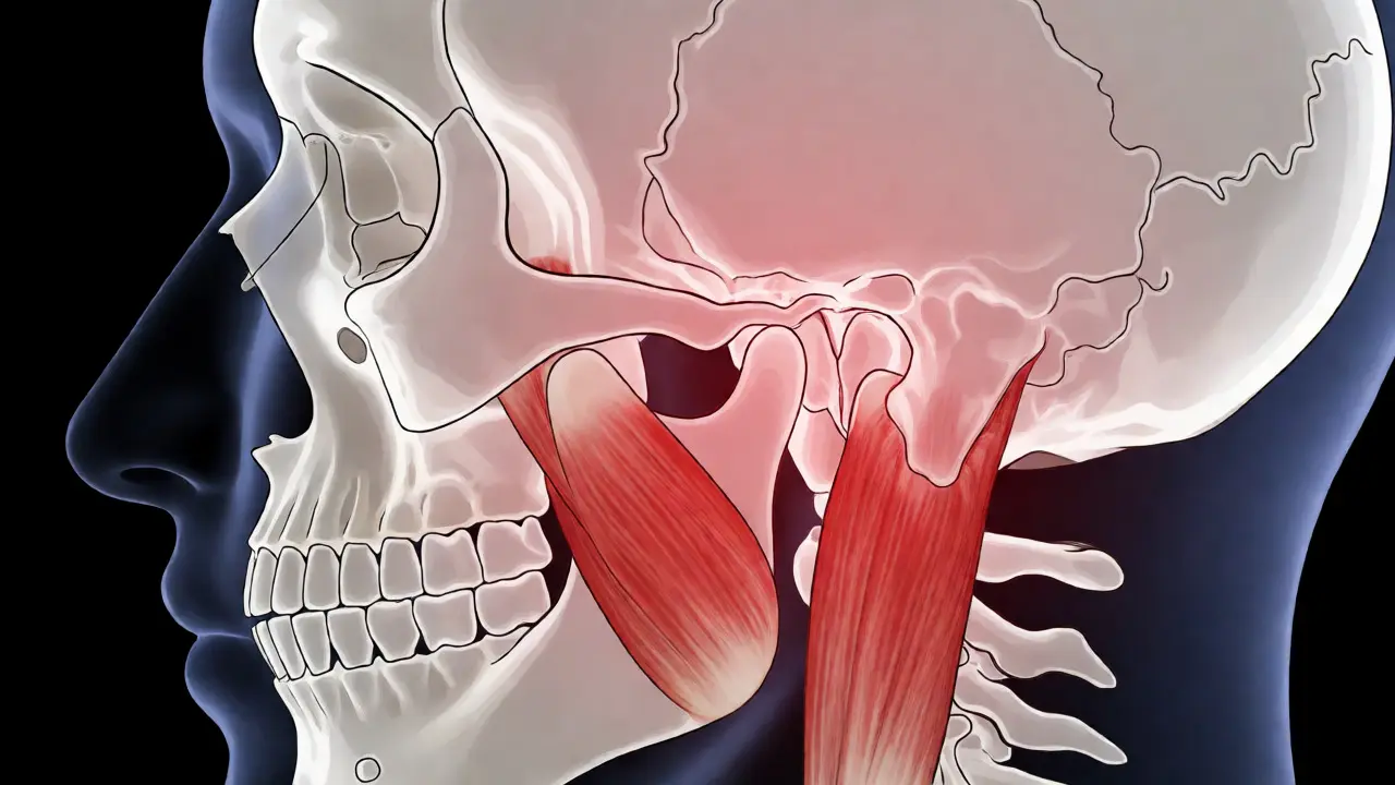Anatomická ilustrace čelistního kloubu a svalů s vyznačenou bolestí