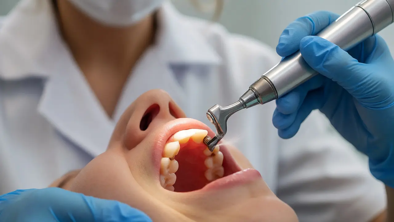 Dentální hygienistka odstraňuje zubní kámen ultrazvukem