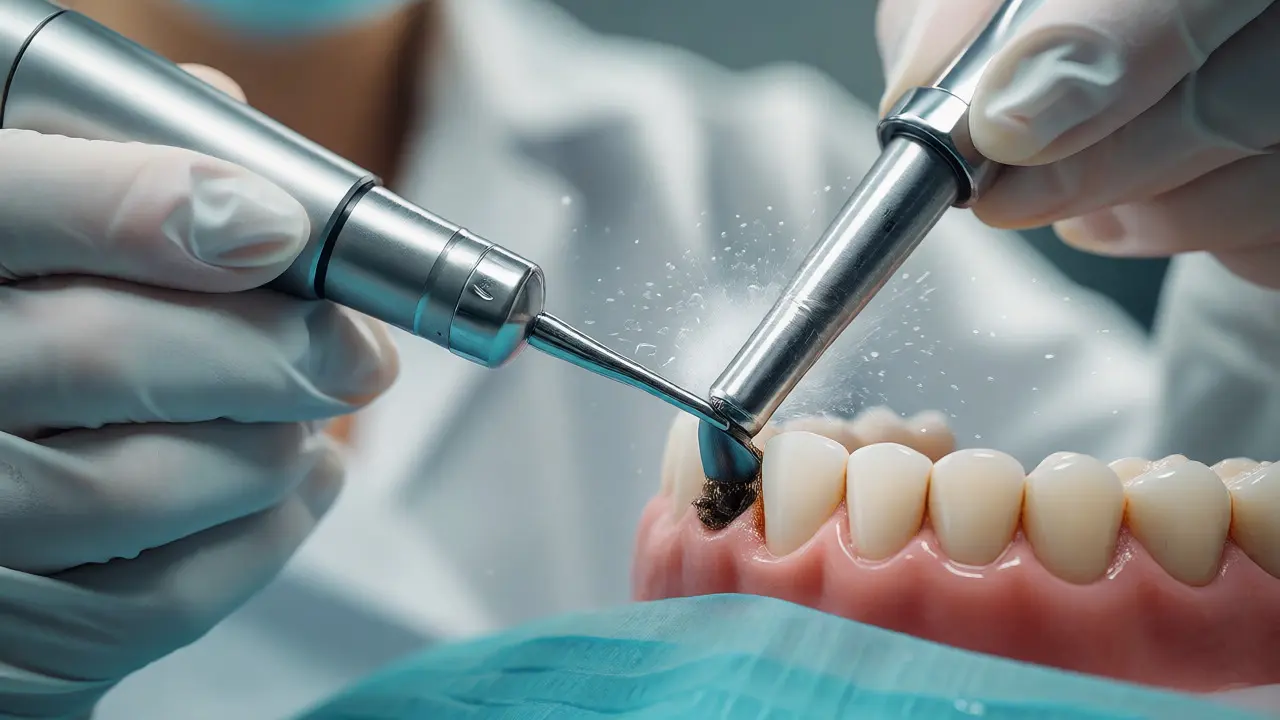 Dentální hygienistka odstraňuje zubní kámen ultrazvukovým přístrojem