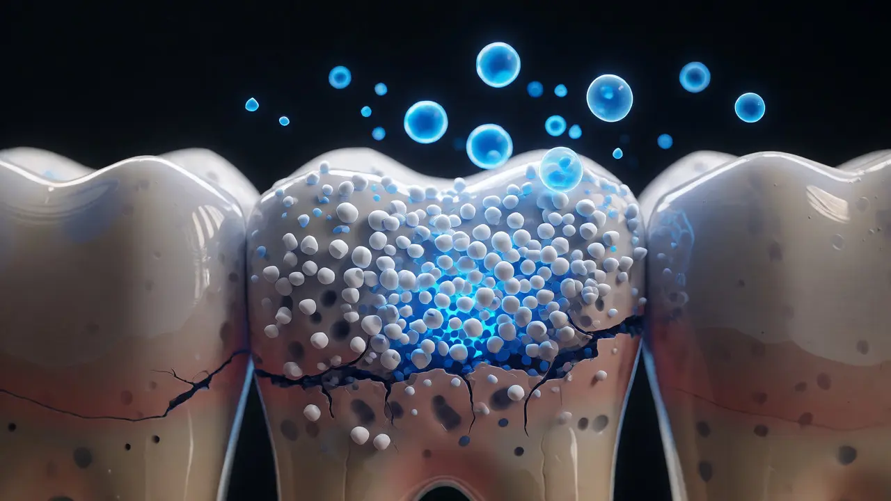 Ilustrace regenerace zubní skloviny pomocí fluoridu a hydroxyapatitu