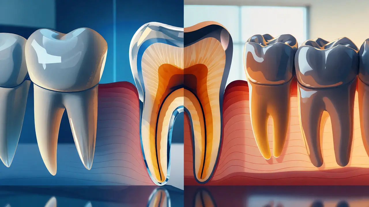 Ilustrace řezu zubem ukazující sklovinu a žlutý dentin