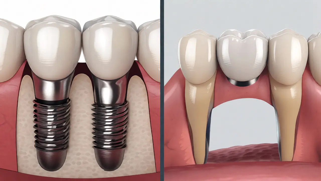 Porovnání zubních implantátů a můstku na anatomickém modelu čelisti