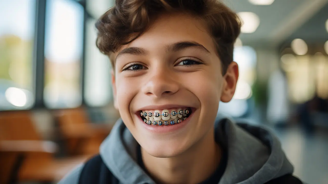 Třináctiletý teenager s fixními rovnátky a barevnými gumičkami v období pubertálního růstu