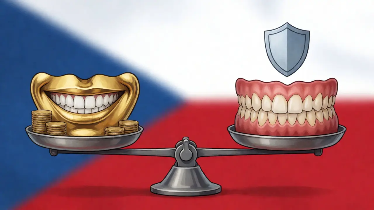 Vážící miska symbolizující úhradu estetické a základní zubní péče