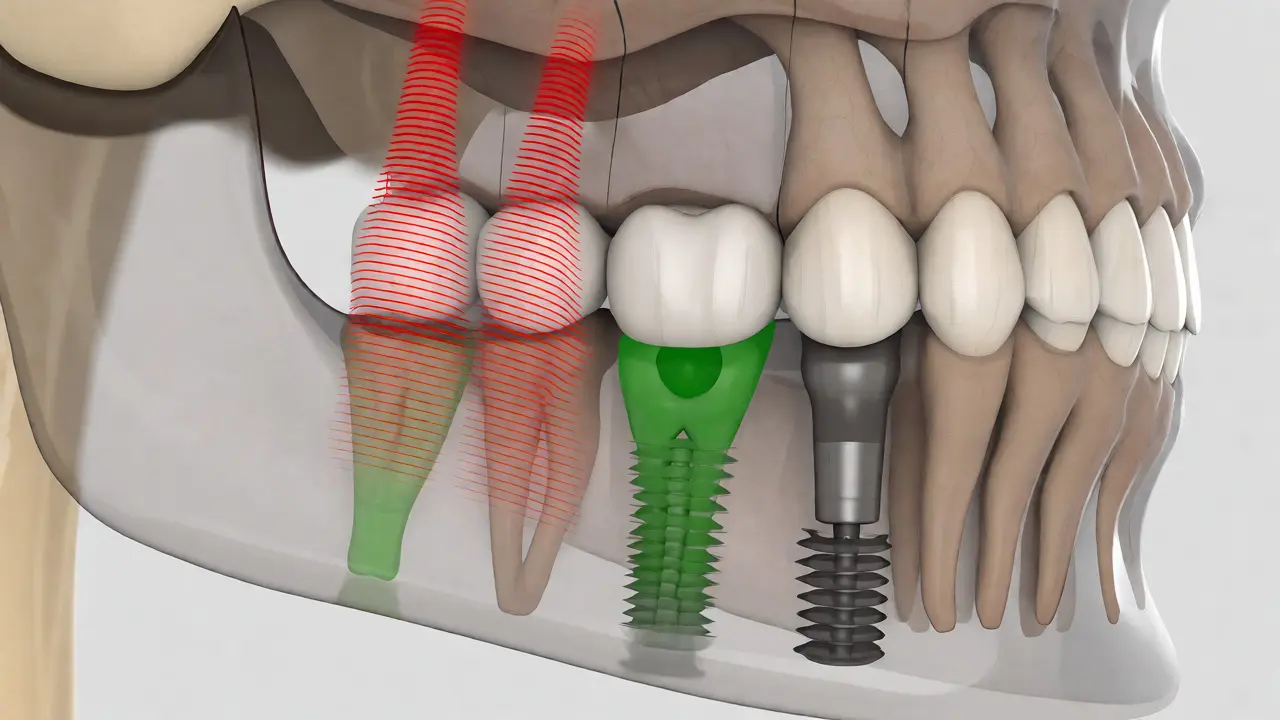 3D vizualizace sil působících na zubní most při bruxismu a ochranných mechanismů.