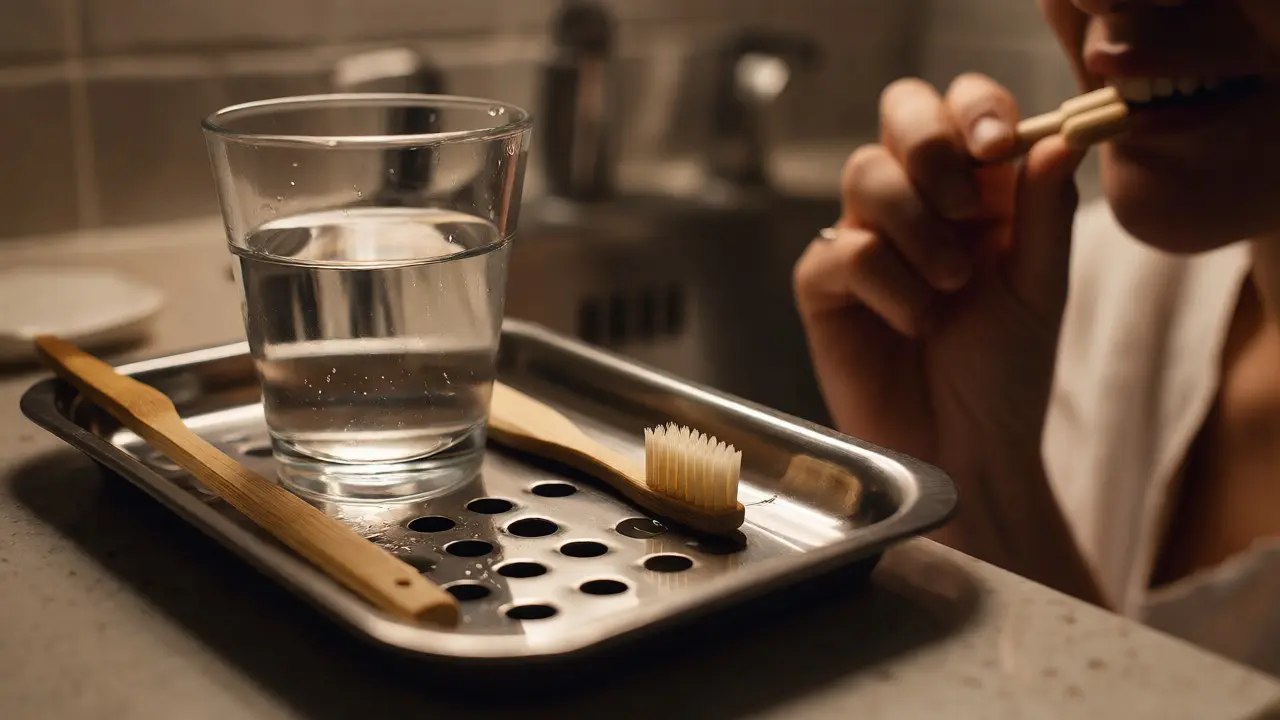 Bamboo toothbrush and water glass on a clean metal tray near a sink