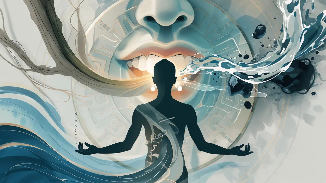 Conceptual art showing qi energy flow and clean teeth harmony