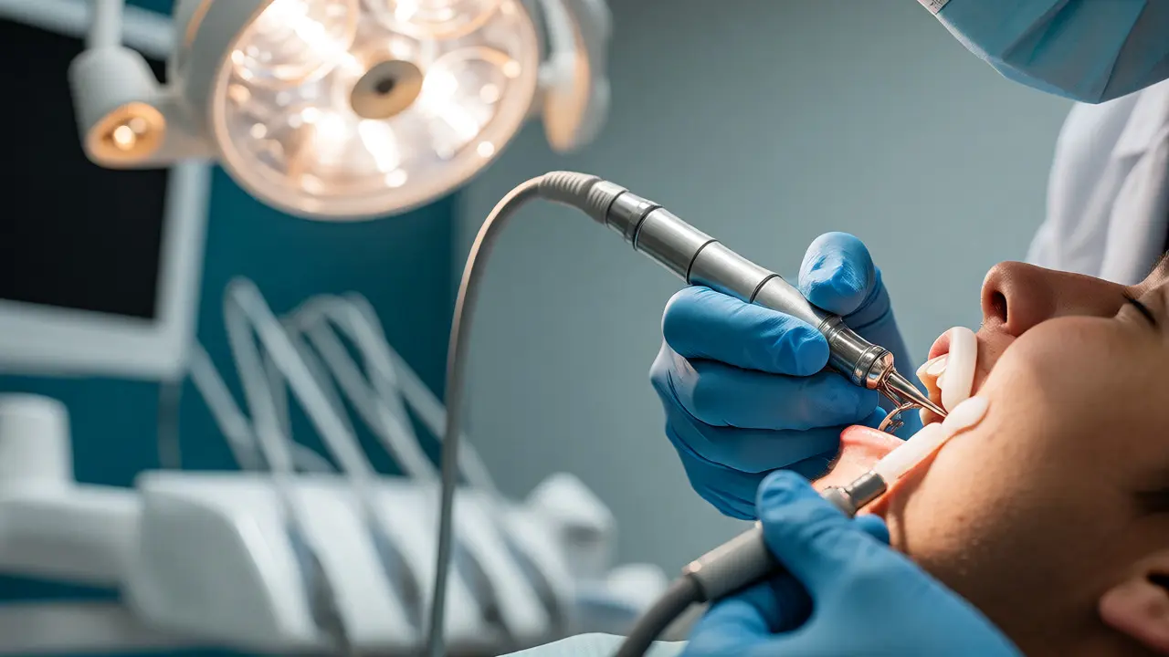 Dentální hygienistka provádí profesionální čištění zubů