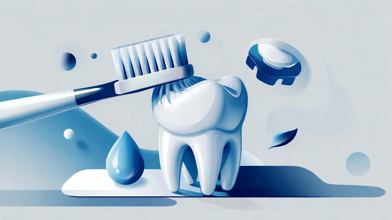 Ilustrace jemného čištění porcelánového zubu měkkým kartáčkem