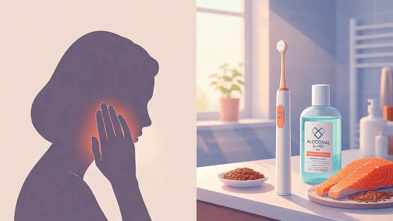 Koncept prevence zubních problémů při lupénce s hygienickými potřebami.