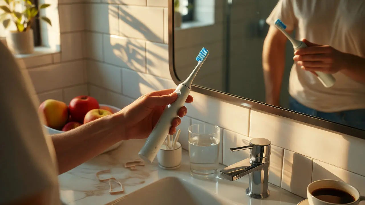 Osoba čistí zuby elektrickým kartáčkem v koupelně s nápoji na pozadí