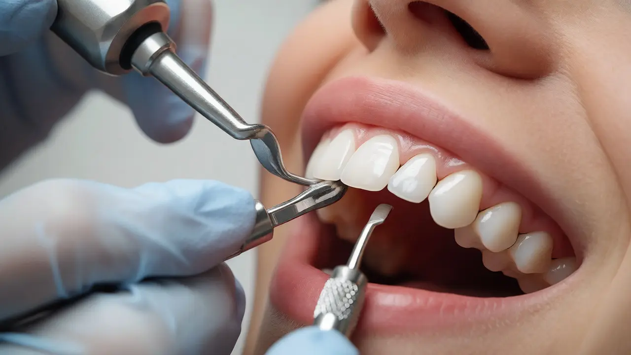 Zubní hygienista provádí šetrnou kontrolu okrajů keramických fazet u pacienta.