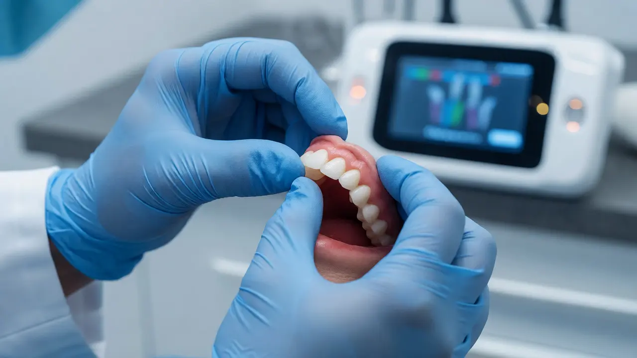 Zubní lékař umisťuje provizorní náhradu v ordinaci s digitálním skenerem.