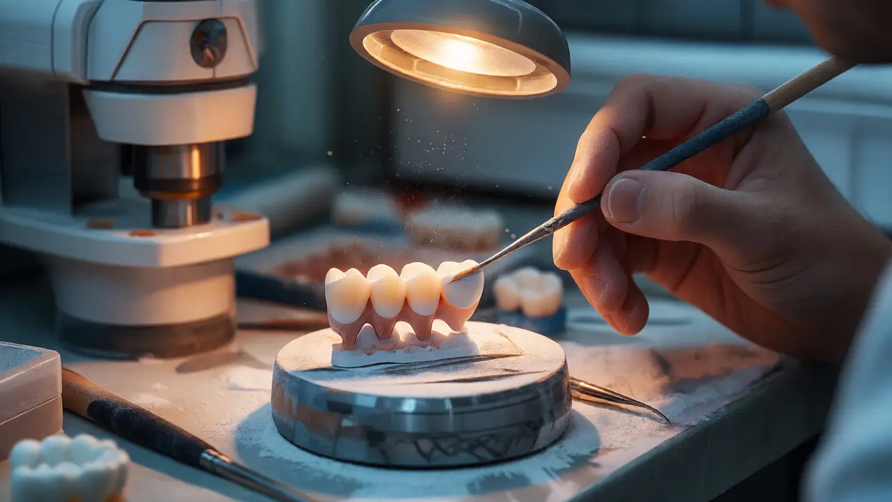Zubní technik vrství keramiku na zirkonový rám můstku v laboratoři